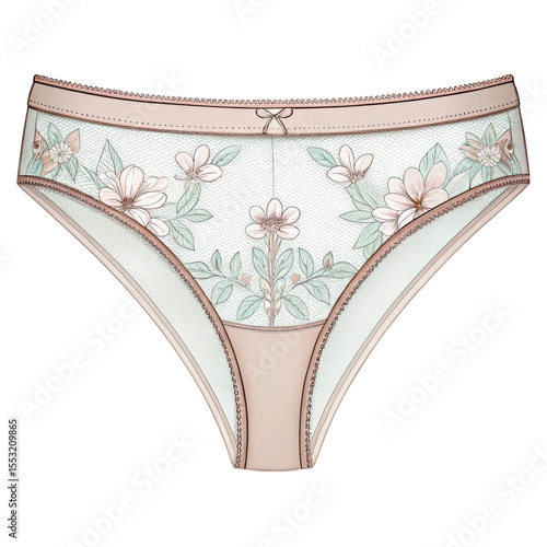 Delicate floral panties with lace and bows on a background apparel fashion illustration