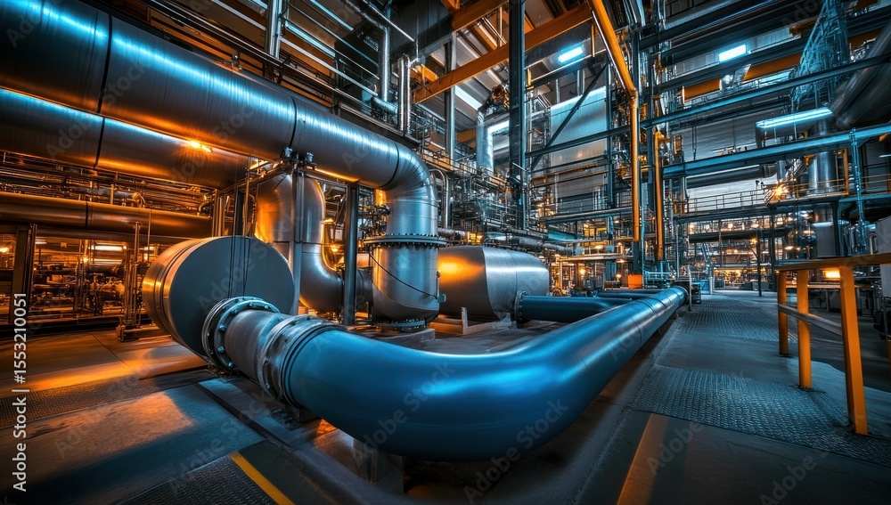 Industrial facility interior with intricate piping systems. Industrial facility interior with intricate piping systems.