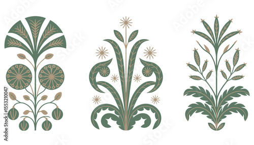 A vibrant vector floral design element features a seamless pattern of green leaves, ornate swirls, and delicate flower illustrations for natural decor