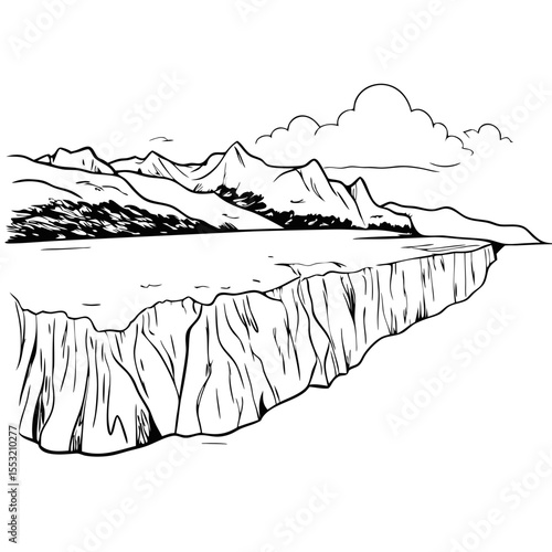 Mountain cliff landscape with sea view in sketch style
