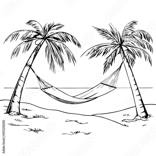 Hammock tied to palm trees on tropical beach sketch