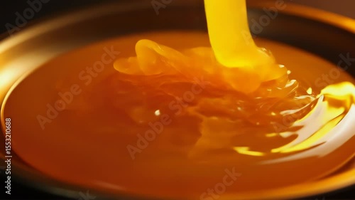 Spoon dripping sweet yellow honey into a bowl of delicious hot pumpkin soup, a healthy vegetarian appetizer