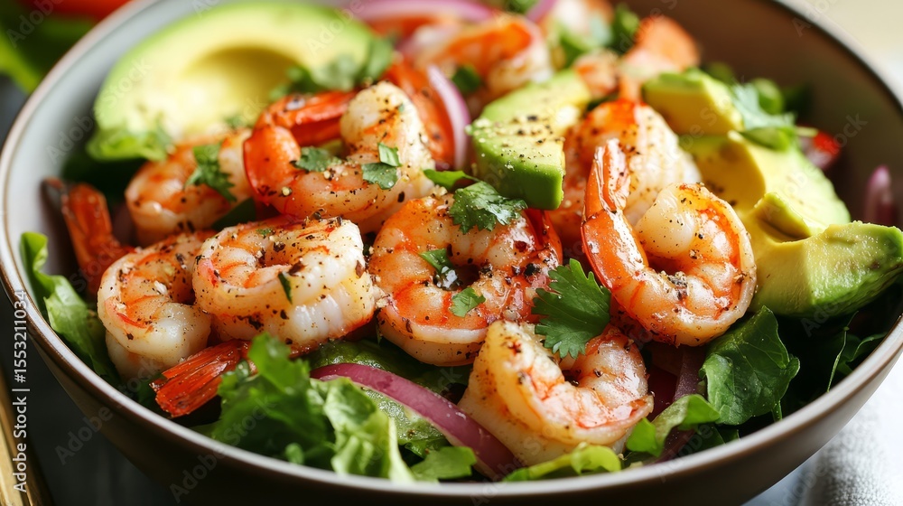 A refreshing salad featuring shrimp, avocado, and crisp vegetables, perfect for a light meal outdoors or a summer gathering A refreshing salad featuring shrimp, avocado, and crisp vegetables, perfect for a light meal outdoors or a summer gathering