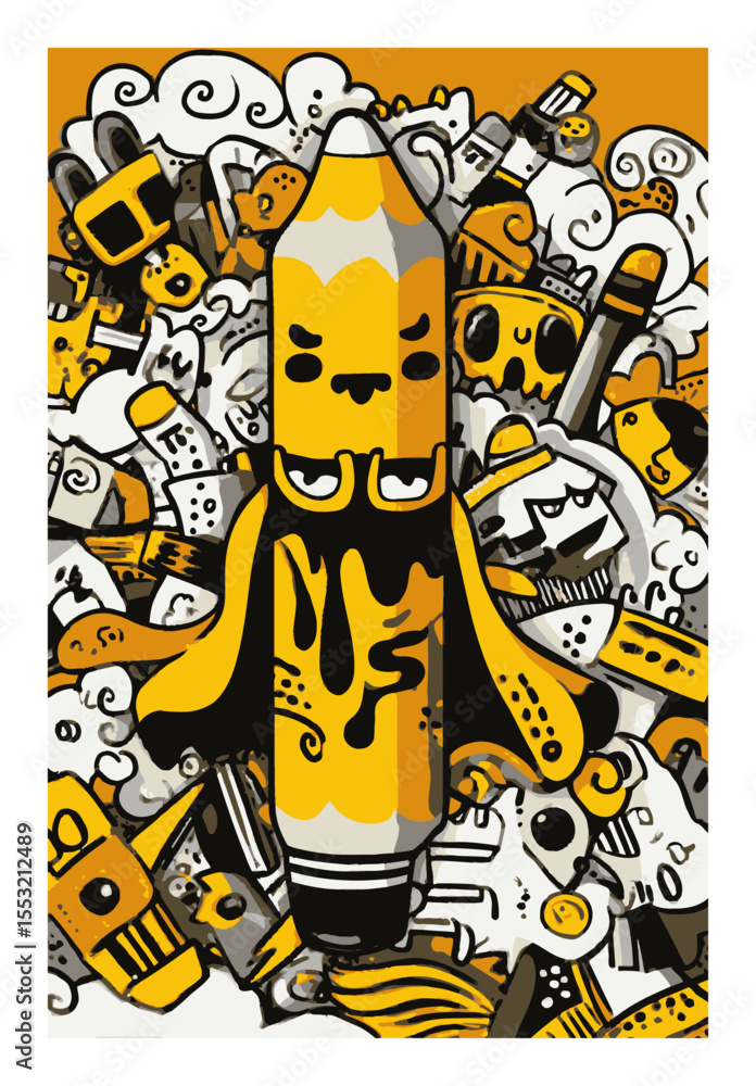 Fototapeta premium Fun and Colorful Doodle Illustration of a Pencil Surrounded by Creative Elements