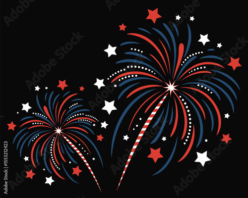 colorful fireworks display with red, white, and blue bursts and stars on black background celebrating independence day or festive event