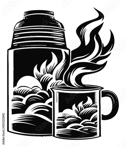 Vintage Engraving of Coffee Cup and Shaker with Steaming Clouds of Brew