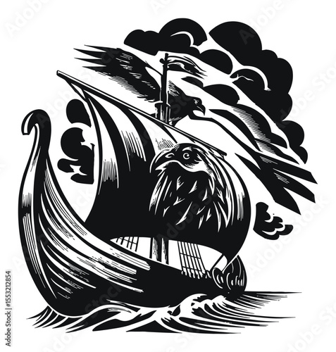 Black and White Engraving of a Viking Ship with Bird and Clouds