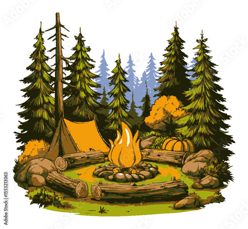Cozy Campfire Scene Surrounded by Tall Pines and Autumn Colors