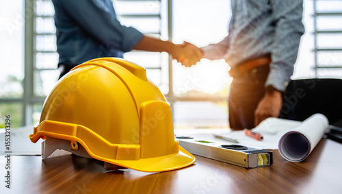 Construction professionals shaking hands over blueprints with yellow hard hat and level on desk