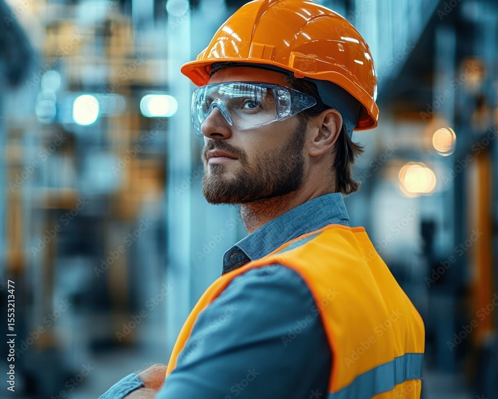 Serious male engineer wearing orange hard hat and safety goggles working in industrial facility surrounded by machinery Serious male engineer wearing orange hard hat and safety goggles working in industrial facility surrounded by machinery