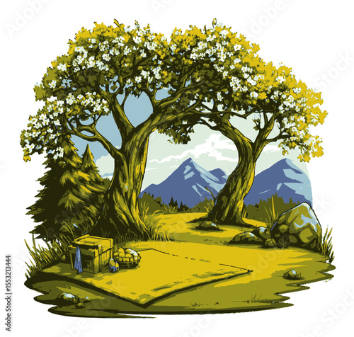 Serene Outdoor Scene with Trees, Mountains, and Picnic Setup in Nature