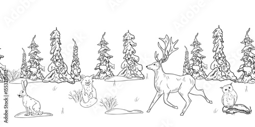 Monochrome seamless woodland background with firs, spruces, animals deer, hare, fox and owl hand drawn black white outline vector. Repeated winter scene for Christmas banner, forest holiday design.