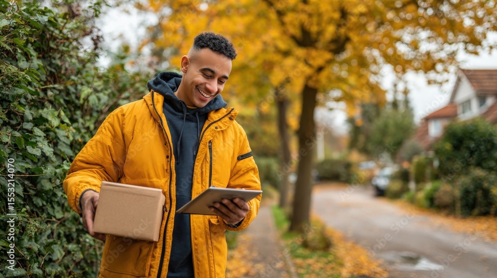 Smiling young man holding package and tablet, scanning QR code under leafy trees in suburban area. Smiling young man holding package and tablet, scanning QR code under leafy trees in suburban area.