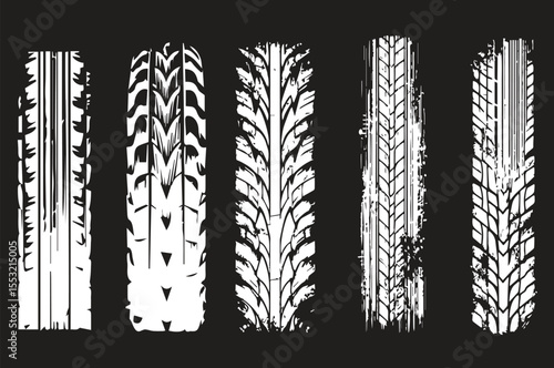 Tire Track Vector Set — Grunge Tread Patterns, Muddy Skid Marks, and Rough Imprints for Cars, Motorcycles, Rally, and Off-Road Sport Design