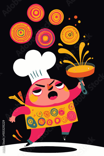 Playful Cartoon Chef with Colorful Pancakes in a Dynamic Cooking Scene