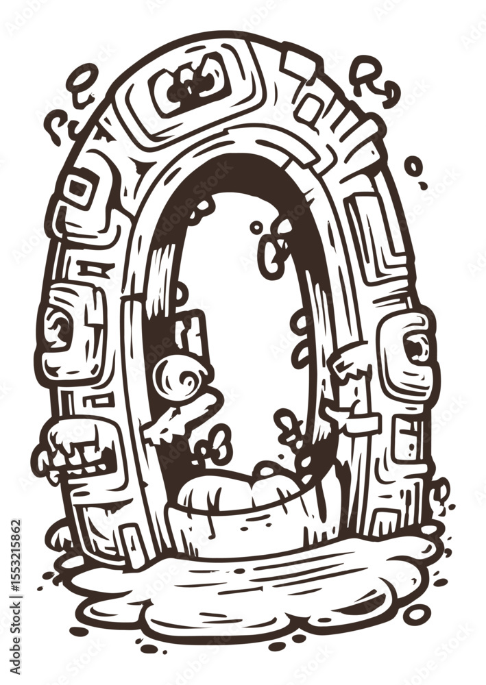 Hand-Drawn Illustration of a Mystical Stone Portal Surrounded by Water Hand-Drawn Illustration of a Mystical Stone Portal Surrounded by Water