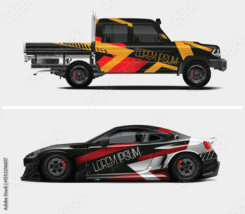 Two vehicle wraps showcasing unique designs for a truck and a sports car
