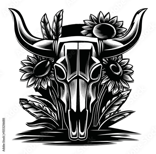 Detailed Engraving of a Bull Skull Surrounded by Sunflowers and Leaves