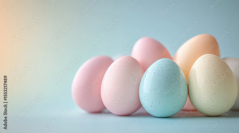 Close-up of pastel colored eggs with speckles arranged in a row against a soft gradient background conveying calm and gentle mood Close-up of pastel colored eggs with speckles arranged in a row against a soft gradient background conveying calm and gentle mood