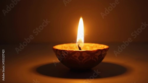 Burning candle glowing in the dark with warm light atmosphere