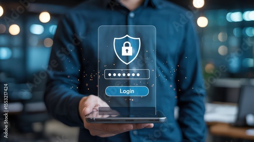 a person wearing a dark blue shirt, holding a tablet device that displays a security password login screen, blurred cityscape background with lights in the night
vvvvvvvv