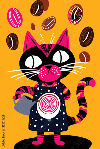 Colorful Cartoon Cat with Coffee Beans in Whimsical Style