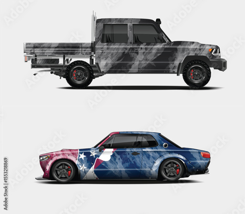 Two Custom Cars A Camouflage Truck and a Patriotic Sports Coupe