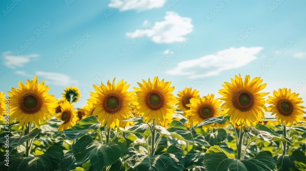 Bright yellow sunflowers blooming in a field on a sunny day Bright yellow sunflowers blooming in a field on a sunny day
