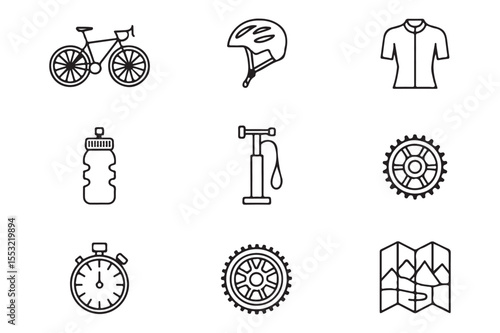 Cycling Essentials Bike, Gear, and Accessories Line Icons