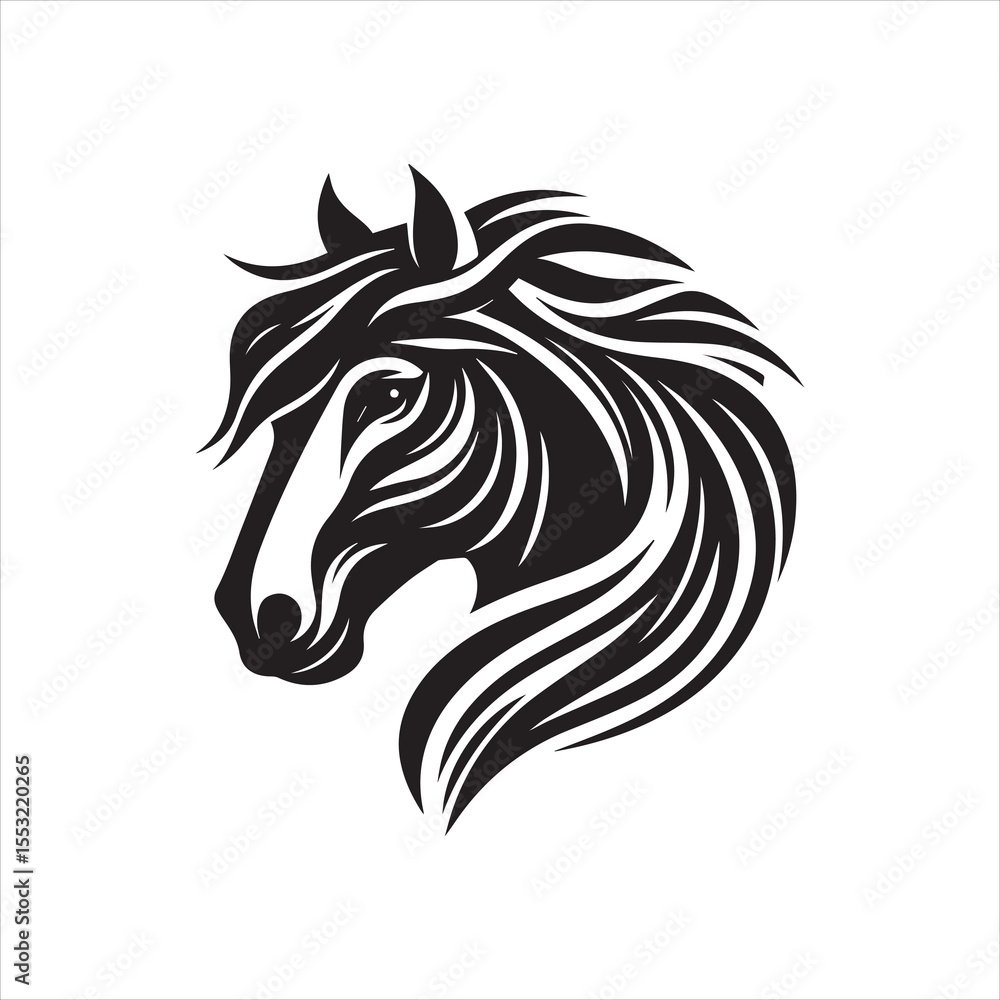 Stylized black and white horse head illustration, elegant flowing mane, equine profile. Stylized black and white horse head illustration, elegant flowing mane, equine profile.