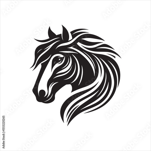 Stylized black and white horse head illustration, elegant flowing mane, equine profile.