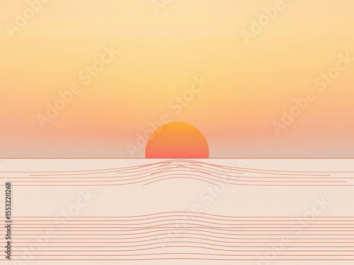 Abstract sunset illustration with orange sun and horizon lines on a gradient background design