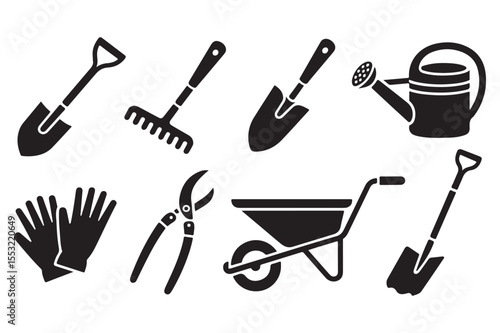Gardening Tools Icons Shovel, Rake, Trowel, Watering Can, Gloves, Pruners, Wheelbarrow