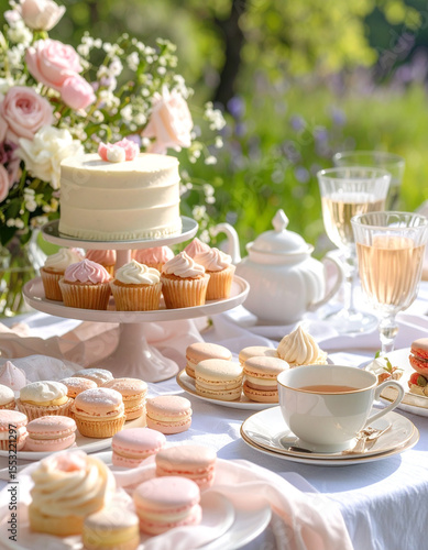 Wallpaper Mural Elegant dessert table display featuring cakes and pastries in a serene garden setting captured in bright natural light Torontodigital.ca