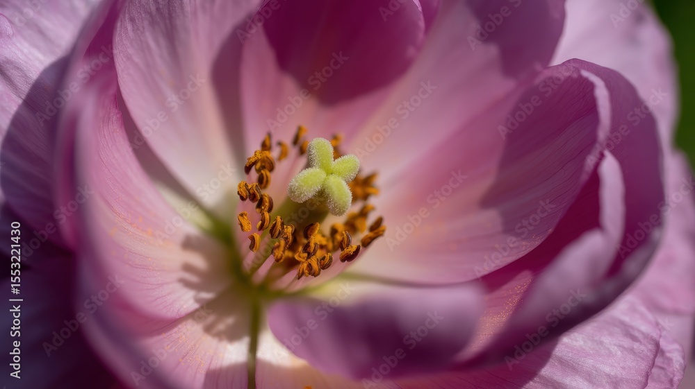 Obraz premium Close-up of pink flower with delicate petals and yellow center in bloom