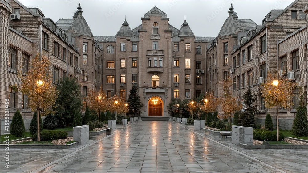 Fototapeta premium Majestic Facade: An impressive building, designed with symmetry, offers a stunning scene of architectural grandeur. The symmetrical design of the building creates a sense of harmony and balance.