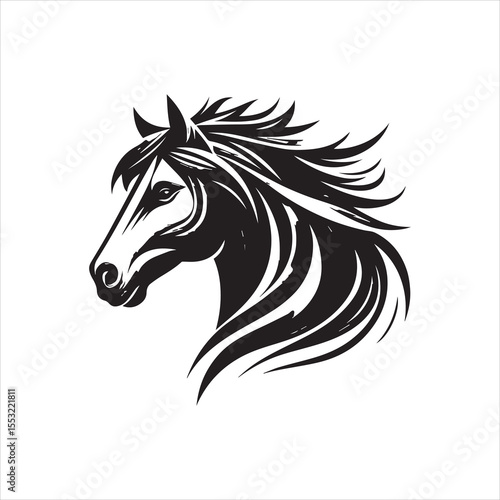 A stylized black and white illustration of a horse's head with flowing mane.