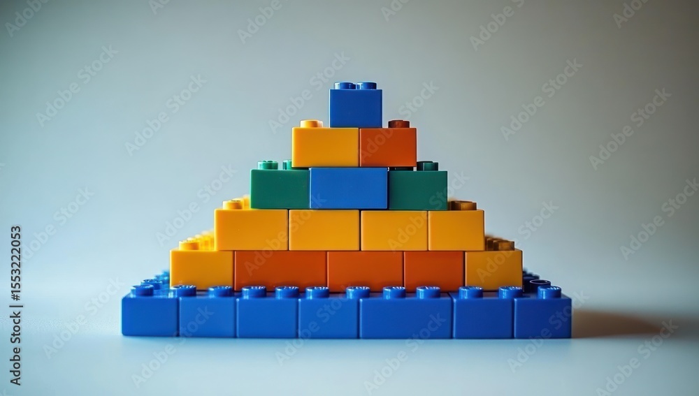 Naklejka premium Colorful triangular pyramid structure made of interlocking plastic building blocks on a plain surface with soft lighting