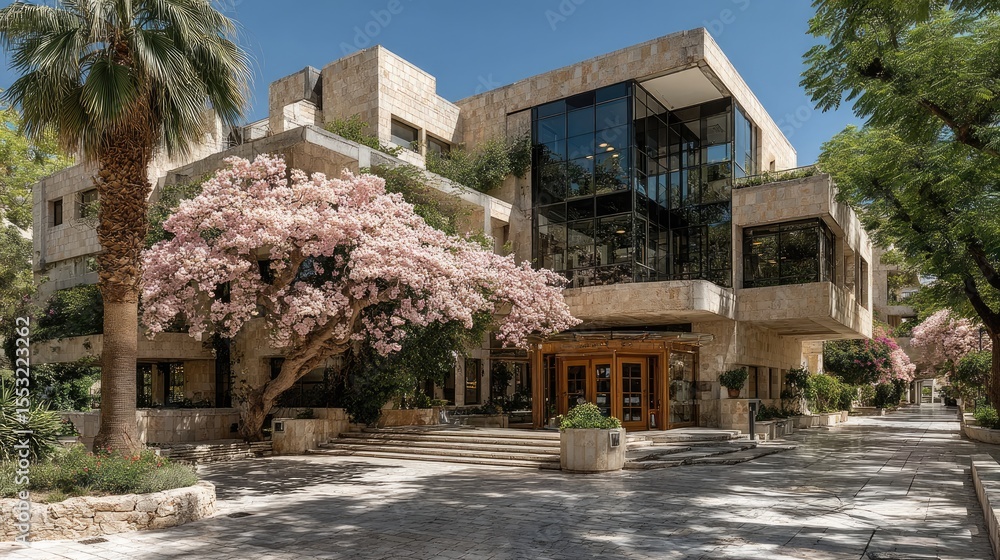 Fototapeta premium Modern Building with Magnolia Tree in Bloom