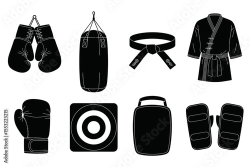 Martial Arts & Boxing Equipment Icons Gloves, Punching Bag, Belt, Gi
