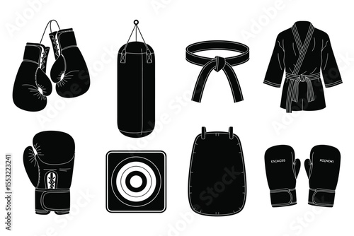 Martial Arts Equipment Icons Boxing Gloves, Punching Bag, Karate Gi, and More