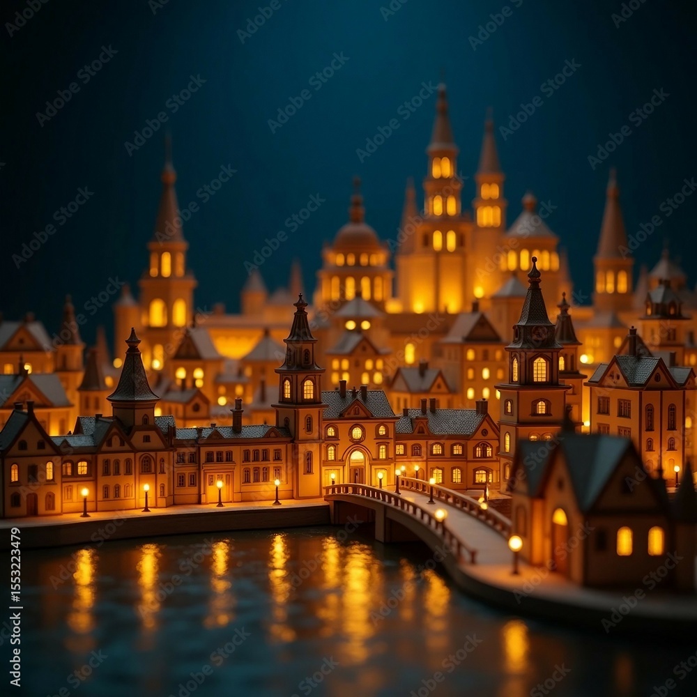 Fototapeta premium Illuminated Miniature European Town at Dusk