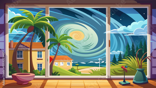 Hurricane strikes in Miami seen from a wide white aluminum impact window inside a house, cozy inside 