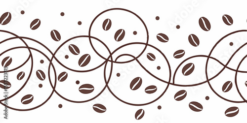Seamless horizontal vector pattern with coffee rings and beans design  