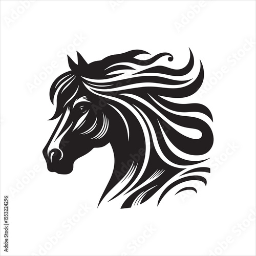 A stylized black and white illustration of a horse head with flowing mane.