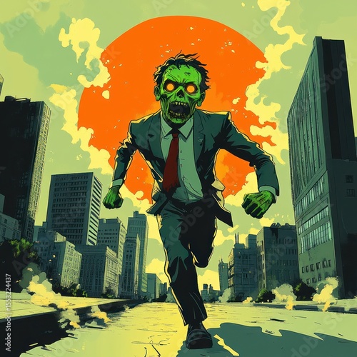 green zombie in a torn suit running through a deserted city street with a large orange sun in the cloudy sky
