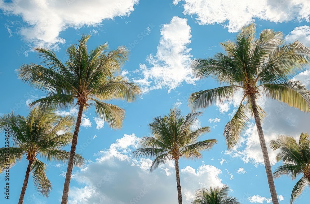 Tall palm trees reaching into a bright blue sky with scattered white clouds on a sunny day Tall palm trees reaching into a bright blue sky with scattered white clouds on a sunny day