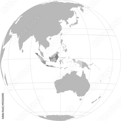 World vector map with Indonesia level 1 administrative boundaries and graticules (Indonesia-centered and highlighted view, orthographic projection, PPT-compatible & fully editable)