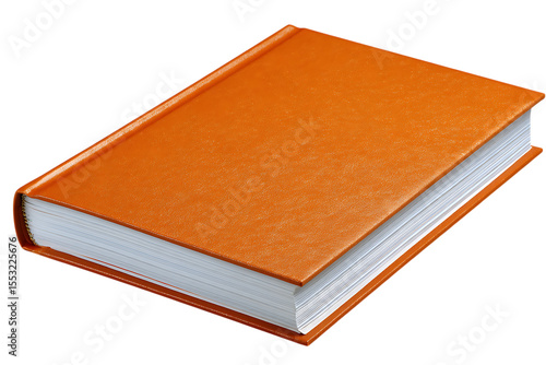 Thick orange hardcover book with textured cover and white pages isolated on transparent background