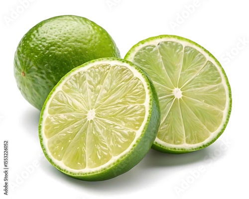 Fresh green lime halves and whole fruit isolated on white background